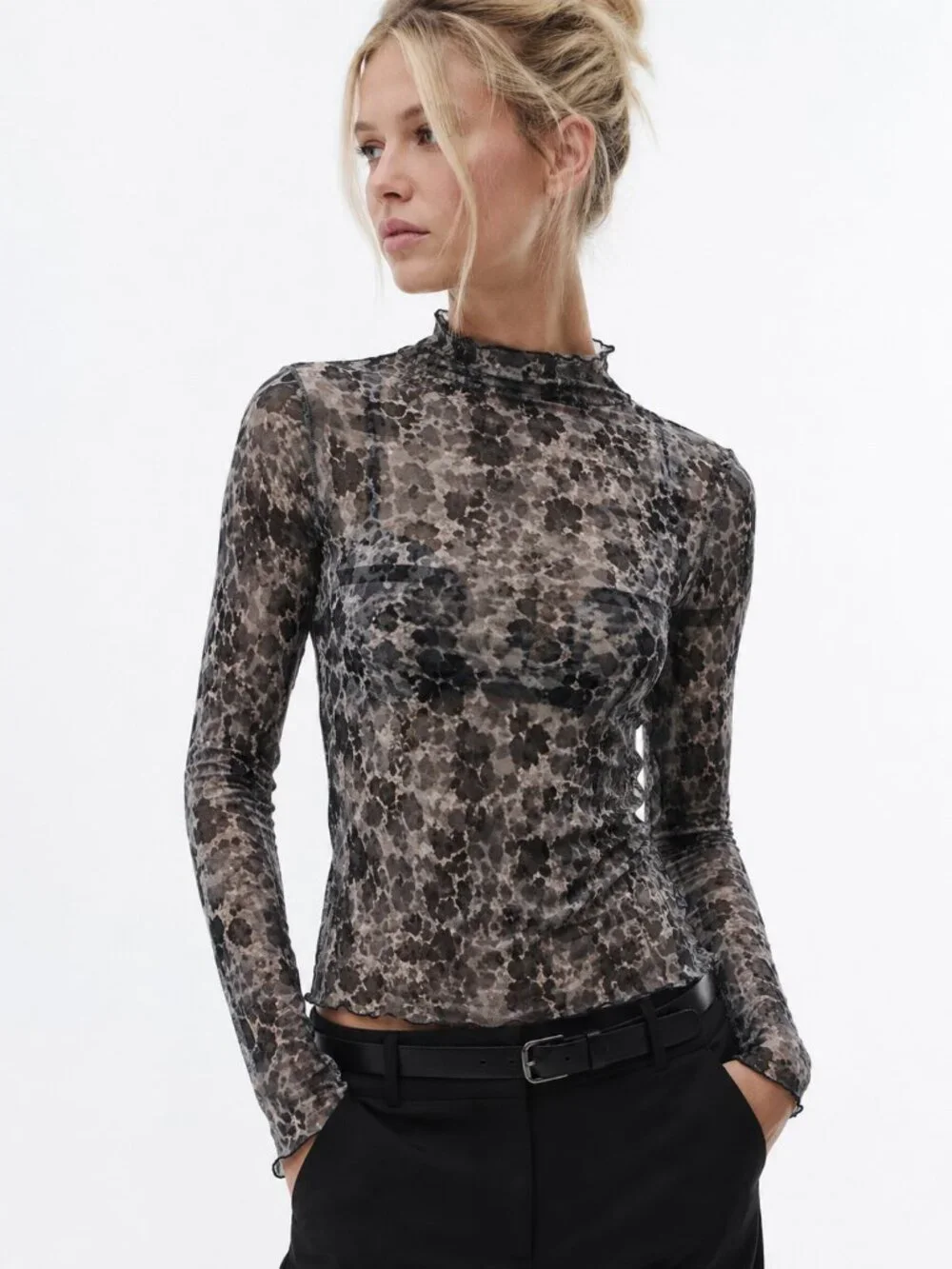 Free People Lady Lux Leopard Mesh Sheer Mock Neck Top Black Gray Whimsygoth S